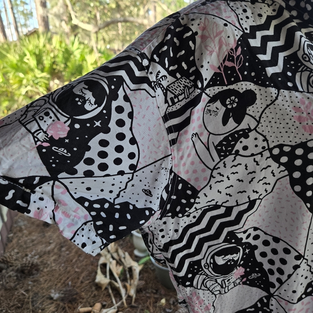 Tiiiga Campy Unisex Button Front Shirt With Outer Space And Tropical Scenery - Picture 8 of 17